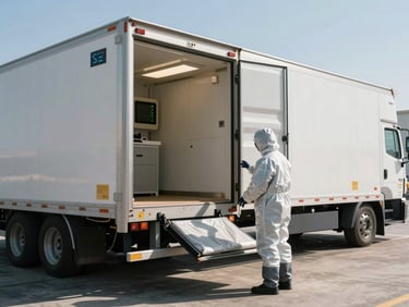Medium-wide shot of a refrigerated reefer trailer with its doors open at a cold-storage dock, interior temperature display visible on the unit, dock lighting casting hard shadows, a loader in insulated gear checking the seal
