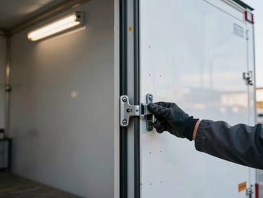 Close-up medium shot of a dry van trailer door being secured at a distribution dock, latch hardware in sharp focus, fluorescent warehouse lights reflecting off the trailer skin, a driver's gloved hand in frame
