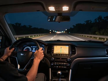 Dashboard-lit cab interior at night, a driver's hands on the wheel on an empty interstate, GPS route screen glowing amber in the center console, headlights cutting into dark highway ahead