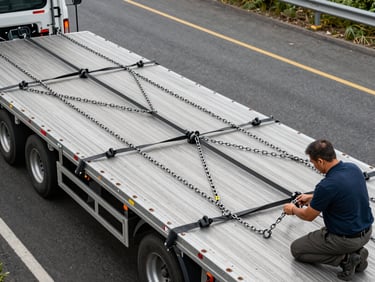 Overhead tight shot of a flatbed trailer deck being strapped and secured on a highway yard, load chains and binders in focus, a driver kneeling to check tension, overcast daylight, no staging