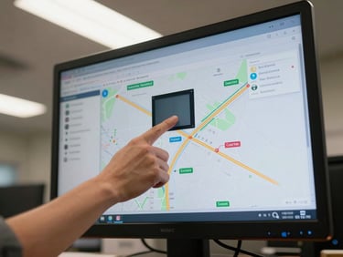 Overhead tight crop of a dispatch screen mid-operation showing route map and carrier contact details under harsh office fluorescent light, a hand pointing to a delivery window on screen, urgent operational feel