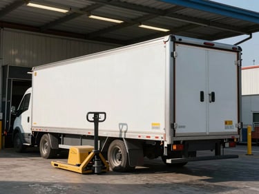 Wide-angle view of a dry van trailer backed into a warehouse loading dock, overhead dock lights casting sharp shadows on the trailer doors, a loader operating a pallet jack in the foreground, practical industrial lighting