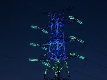 Close-up of high-voltage transmission tower, glowing 3D LiDAR point cloud wires, high contrast dark blue background, technical precision