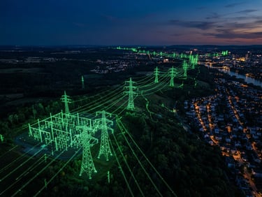 Cinematic aerial view of European high-voltage power grids at dusk, glowing green 3D LiDAR point cloud overlay, high contrast, 35mm lens