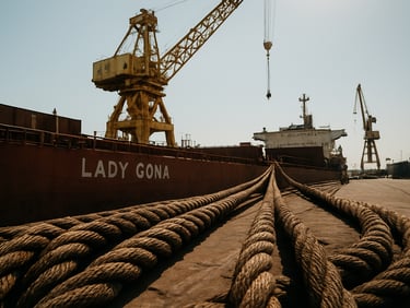 Industrial cargo deck of the Lady Gona docked at a commercial port, heavy steel mooring lines in the foreground, massive yellow port crane overhead under harsh midday sun.