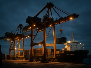 Wide-angle shot of heavy port cranes loading steel cargo containers onto the Lady Gona vessel at dusk, dramatic industrial lighting, high contrast.
