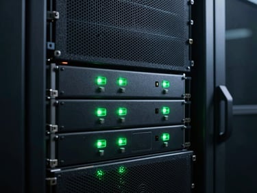 A close-up shot of a high-performance server rack in a dimly lit datacenter, dark green status indicator lights reflecting on metallic surfaces, ultra-minimalist composition.