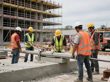 Construction support crew on a federal building site, workers in safety gear operating a concrete form system, organized scaffolding in background, overcast natural daylight, no casual poses