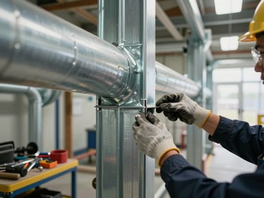 Close-up of HVAC ductwork installation in a federal facility corridor, technician's gloved hands securing sheet metal joints, natural overhead light, organized tools visible on a nearby cart