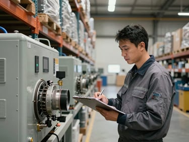 Facilities maintenance crew conducting preventive inspection in a large federal warehouse, technician with clipboard checking mechanical systems, organized equipment bays in background, natural daylight
