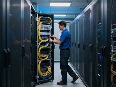 IT technician running structured cabling in a federal server room, racks of equipment organized in rows, cool blue overhead lighting, cable management trays visible
