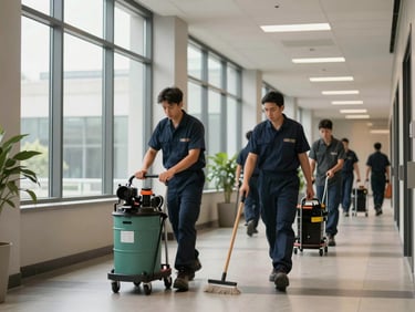 Wide shot of a janitorial crew in a federal office building hallway, industrial cleaning equipment in operation, crew members in uniform moving with purpose, daylight through tall windows