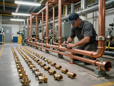 Plumber installing copper piping in a large commercial mechanical room, pipe fittings laid out systematically on the floor, clean fluorescent lighting, federal building infrastructure visible in background