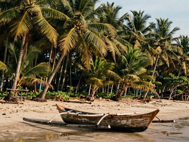 Environmental shot of Kihim beach at low tide, the shoreline is narrow with dense palm groves pressing close behind, dappled morning light through the canopy, a wooden outrigger boat resting on sand in the foreground, no people