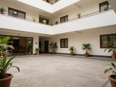 Interior courtyard of a clean mid-range hotel in Mahad, Maharashtra — tiled floor, potted plants along a whitewashed wall, natural daylight, no guests visible, wide environmental shot showing the property approach and scale