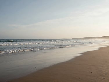Wide landscape view of Kashid beach shoreline at 7am, wet sand reflecting pale overcast sky, gentle surf, no crowds, natural diffuse morning light