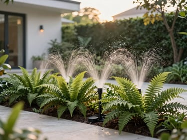 Lush modern home courtyard with hidden automated micro-sprinklers watering delicate ferns, golden-hour light