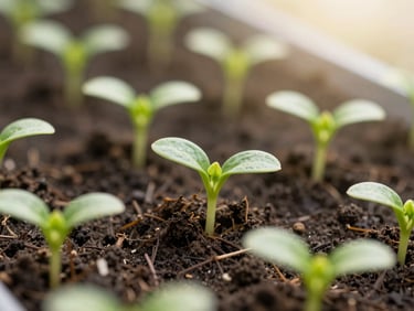 Close-up of vibrant green seedlings in rich, dark organic soil, soft morning daylight, shallow depth of field