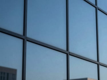 Macro close-up of a glass facade reflecting cool blue morning sky, architectural grid lines, sharp focus, 35mm