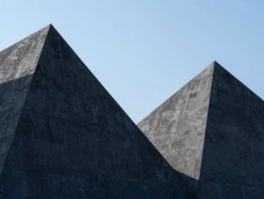 Abstract geometric concrete structure representing peaks and breakthrough, high-contrast studio lighting.