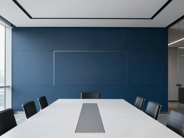Modern corporate boardroom interior with clean lines, minimalist design, cool crisp daylight.