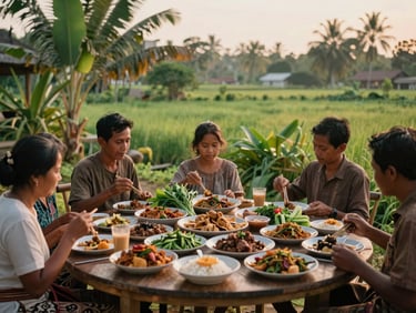 A spread of authentic Indonesian village cuisine, locally grown ingredients, warm hospitality, golden hour light, family enjoying a meal together, rich tropical greens, earthy tones, 35mm.
