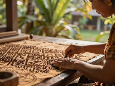 Candid medium shot of local artisan teaching a traveler traditional batik making, warm natural light, focus on hands and intricate patterns, earthy tones, 35mm.