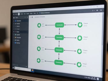Screen close-up of an automated dashboard pipeline interface showing data connectors and scheduled refresh indicators on a dark terminal background, clean neutral office light