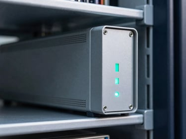 Macro detail shot of a high-tech industrial IoT gateway device installed in a clean server rack, subtle status lights, sharp focus, cool technical-teal accent.