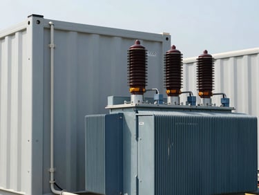 Close-up of modern utility-scale battery storage containers and power transformers, clean technical layout, cool steel and navy tones, natural daylight.