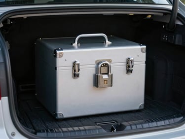A secure, silver metallic lockbox sitting inside an unmarked clean vehicle cargo bay, dramatic cool lighting emphasizing the lock mechanism