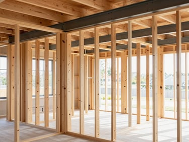 Architectural framing of a residential interior, clean timber studs and exposed steel beams perfectly aligned, bright morning light
