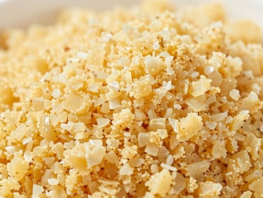 Close up of granular golden ghee, rich texture, warm lighting, professional food photography