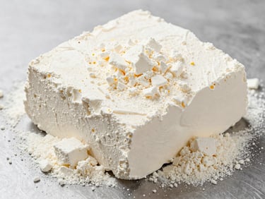 A dense block of fresh white khoya on a clean steel surface, sharp macro focus
