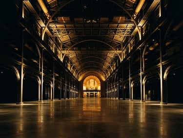 Cinematic wide-angle photography of a grand-scale empty exhibition hall with dramatic architectural gold lighting and deep black shadows, 35mm film grain.