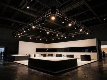 Wide-angle cinematic shot of a prestigious corporate exhibition hall, architectural lighting rigs, sleek minimalist staging, dramatic high-contrast lighting