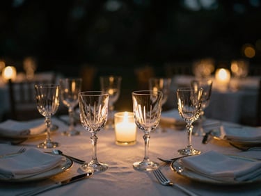 Macro close-up of crystal glassware and elegant table settings catching warm golden-hour ambient glow at an ultra-luxury wedding banquet