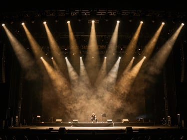 Cinematic wide shot of a massive concert stage with theatrical spotlights piercing low-key atmospheric haze, deep blacks and warm gold accents