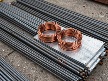 Overhead close-up of stacked sorted scrap metal — steel rods, copper wire coils, aluminium sheets — on a concrete floor in natural daylight, documentary style