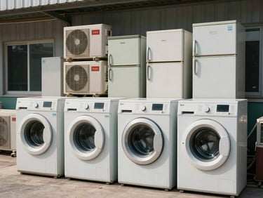 Wide shot of old household appliances — washing machines, refrigerators, air conditioning units — stacked outside a facility under bright daylight, realistic and unpolished