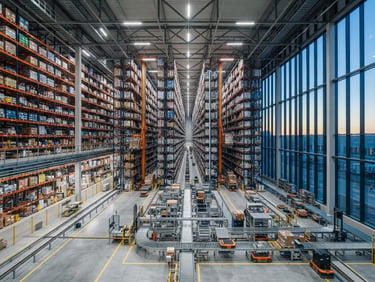 Wide-angle architectural shot of a massive modern automated high-bay warehouse with clean, cool-toned lighting, crisp morning daylight, editorial corporate photography, 35mm