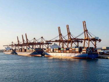 Massive modern deep-water port at sunrise with container ships and cranes, crisp morning daylight, editorial corporate photography