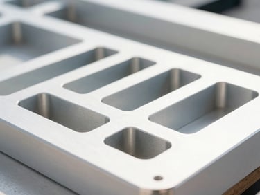 Close-up of a pristine laser-cut sheet metal component with clean geometric cutouts, bright daylight, shallow depth of field.