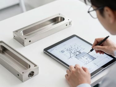 An engineer reviewing a complex CAD blueprint on a tablet next to a pristine finished prototype metal part on a clean white desk, bright high-key lighting.