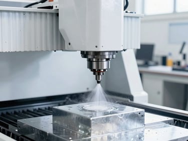 A modern multi-axis CNC milling machine head actively cutting a metal block, cool liquid spray visible, bright daylight, clean and organized workshop background.