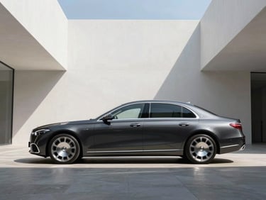 Symmetrical studio silhouette of a high-end luxury sedan, crisp architectural lighting, clean metallic reflections