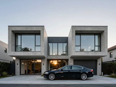 Symmetrical wide-angle architectural photograph of a modern concrete and glass residence at sunset, clean geometric lines, soft golden hour light reflecting off a pristine dark sedan parked in the driveway.