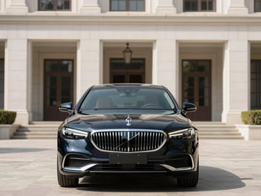 Symmetrical front view of a clean dark luxury sedan, bright natural daylight, elegant architectural background.