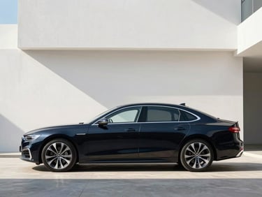 Symmetrical studio silhouette of a premium sedan, clean geometric composition, bright natural daylight highlights.