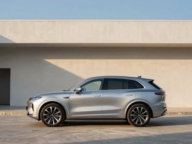 Side profile of a premium silver SUV parked on a clean concrete pad, golden hour sun, sharp architectural lines.